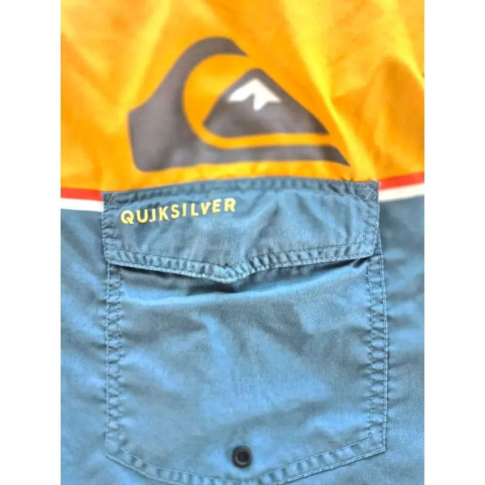 Quiksilver Mens Board Shorts Swim Trunks Sz 34 Colorful Orange Blue Logo Pocket